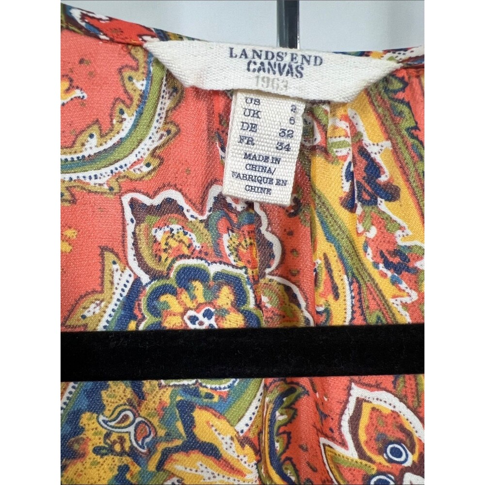 Land’s End Vintage-Inspired Silk Orange Paisley Ruffle V-Neck Knee Length Dress - Picture 4 of 6